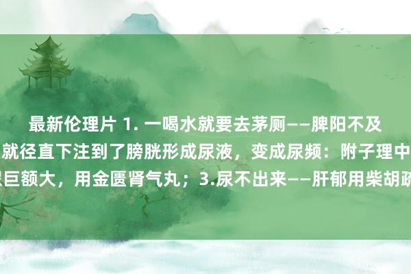 最新伦理片 1. 一喝水就要去茅厕——脾阳不及，水没被脾阳转成津液，就径直下注到了膀胱形成尿液，变成尿频：附子理中丸；2.尿巨额大，用金匮肾气丸；3.尿不出来——肝郁用柴胡疏肝丸，三个药，措置你排尿问题！